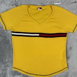 Tommy Hilfiger Women's Shirt Size Large Yellow Short Sleeve Stretch V Neck